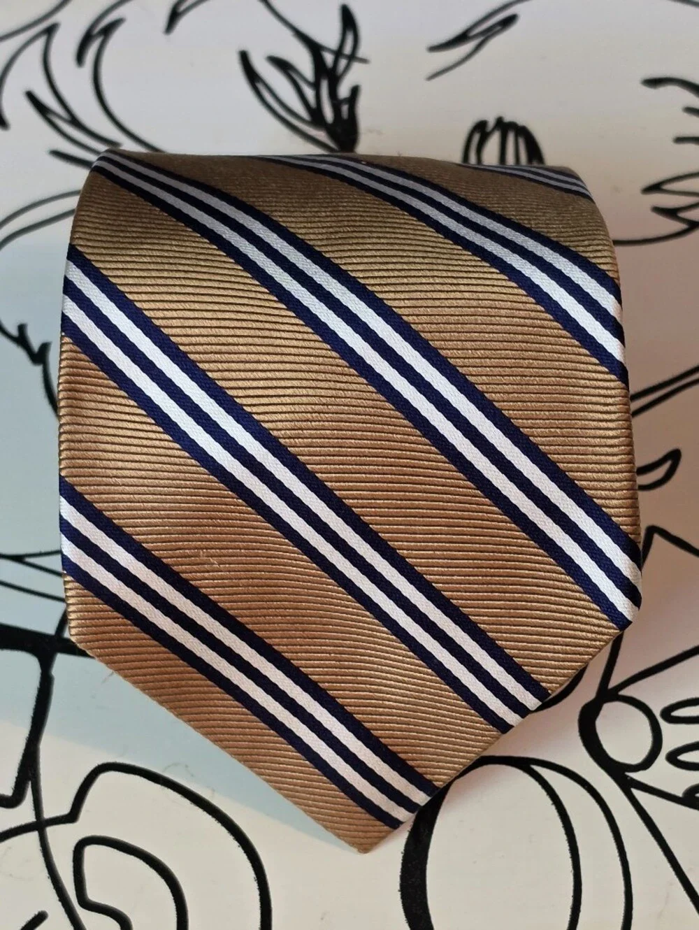 Brooks Brothers Makers Tie Silk Mens Repp Stripe Gold Navy White 59 x 3.75 USA